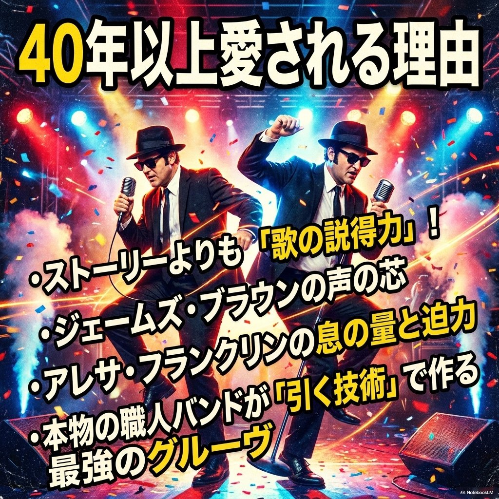 40年以上愛される理由をまとめた図。照明の当たるステージでマイクを握り踊る黒スーツの男性二人を背景に、歌の説得力や職人バンドが生むグルーヴといった要点が箇条書きで並んでいる。