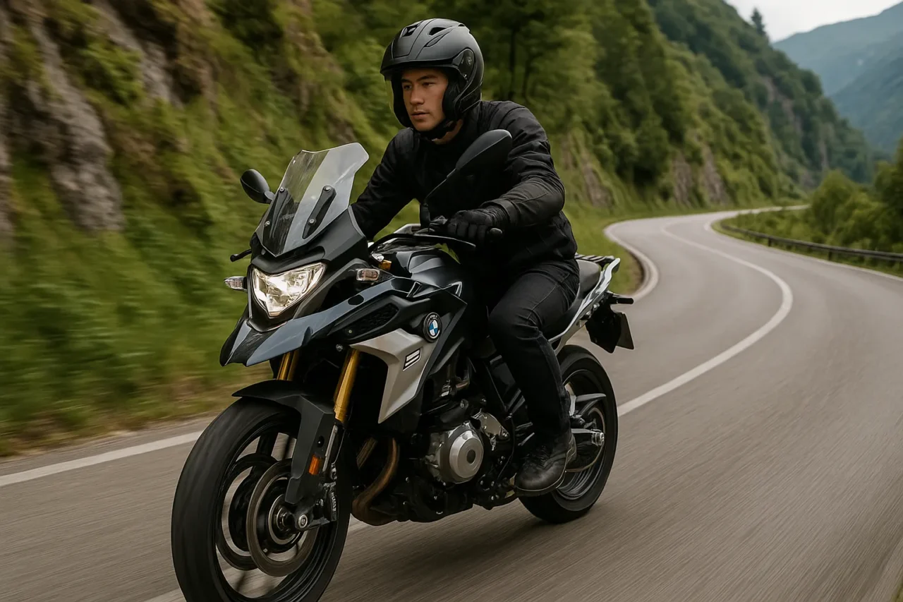ワインディングロードを走行するBMWバイクと日本人ライダー