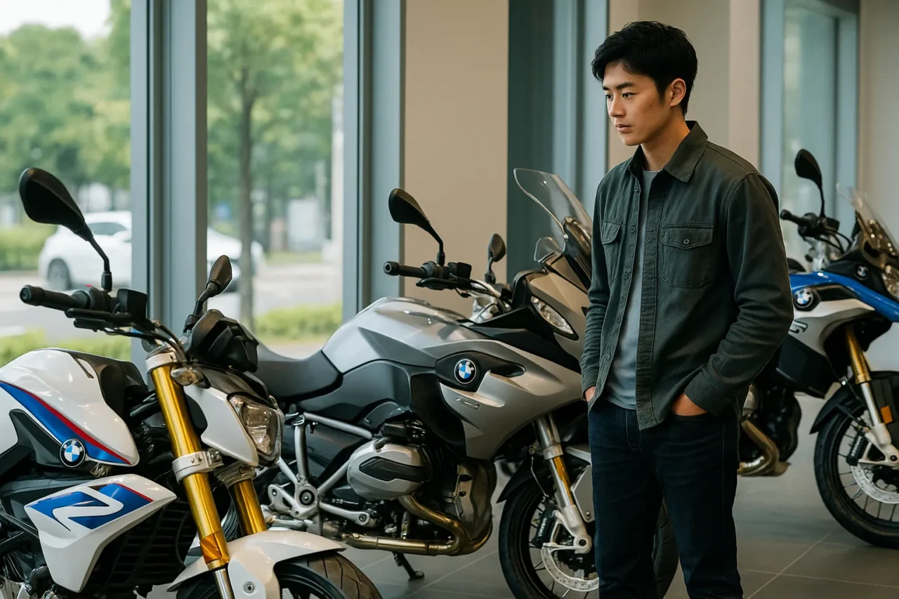 BMWの入門モデルを比較検討する若い日本人男性