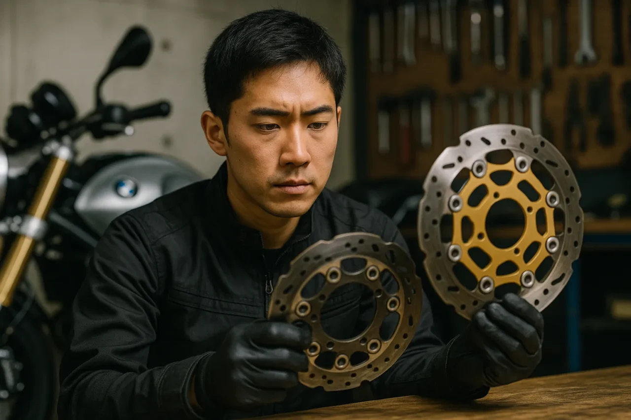 BMWバイクのブレーキパーツを見比べる整備士