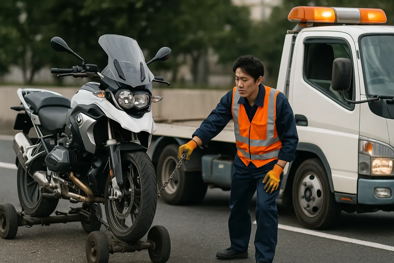 故障したBMWバイクをレッカー車に積む作業員の様子