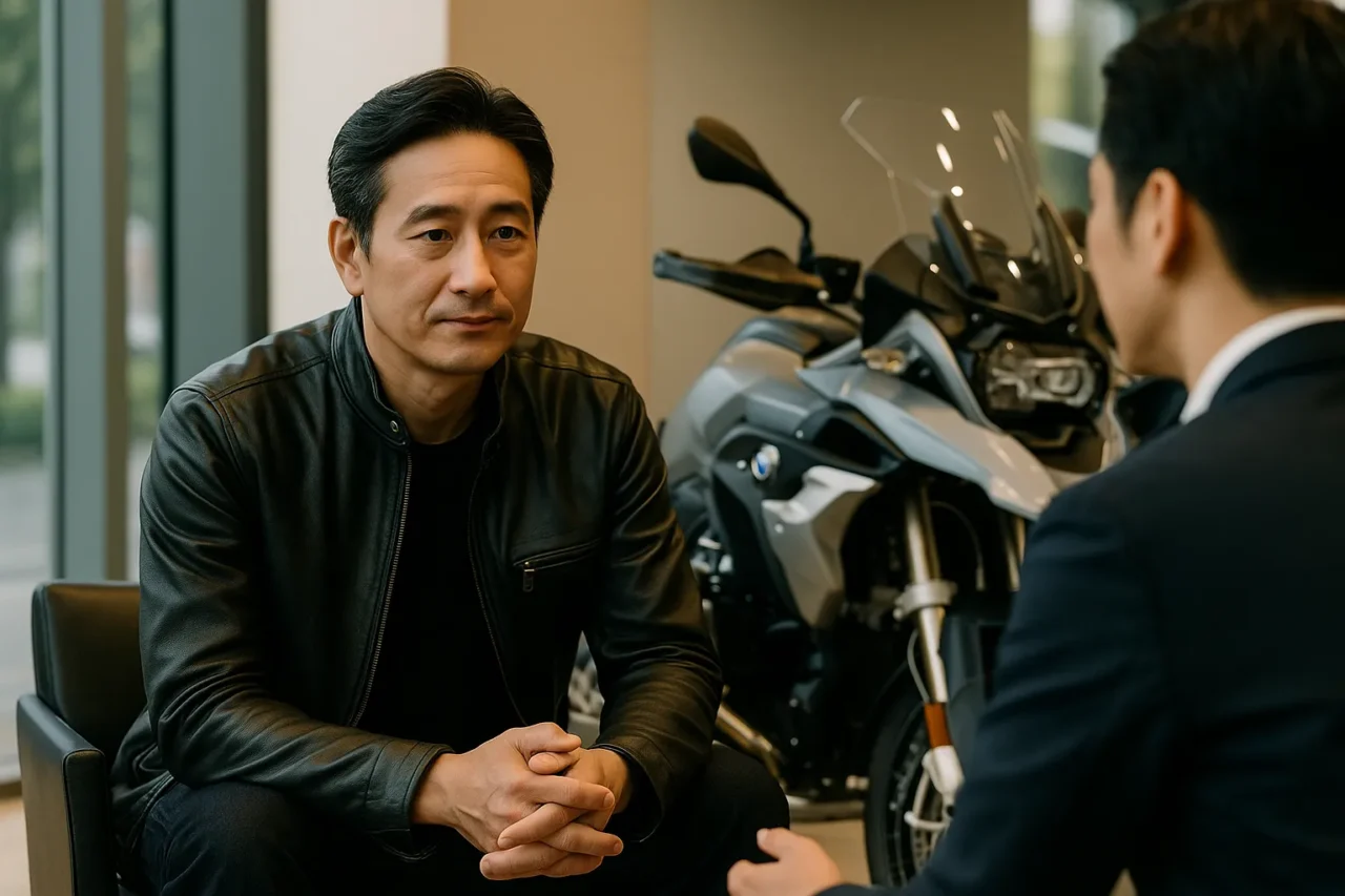 BMWディーラーで説明を受けるライダーの様子