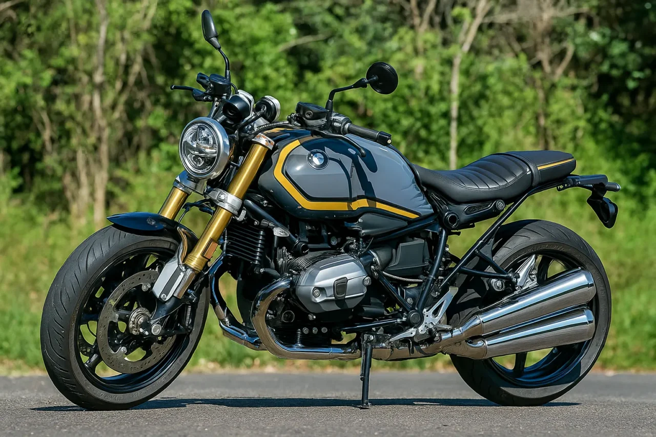 BMW R nineT アーバンエディションのサイドビュー、緑の木々を背景にした高画質な屋外撮影