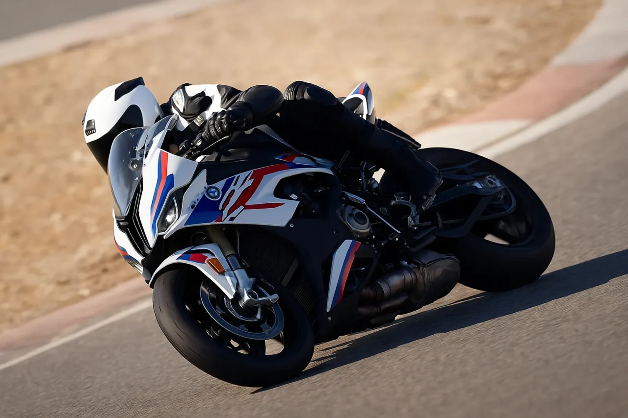 サーキットでBMW S1000RRをバンクさせて走行するライダー