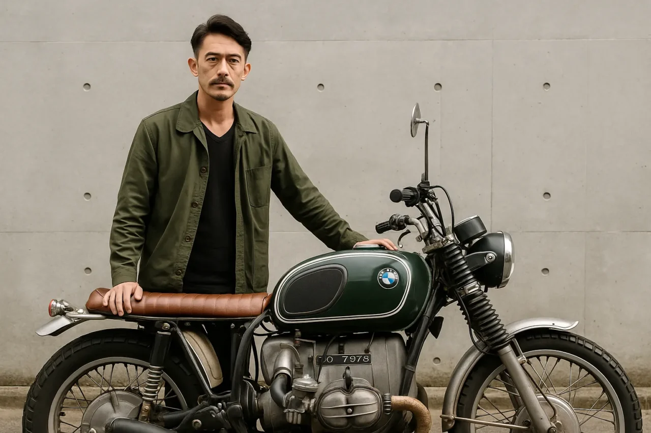 ヴィンテージBMWバイクと佇むミドルエイジの男性