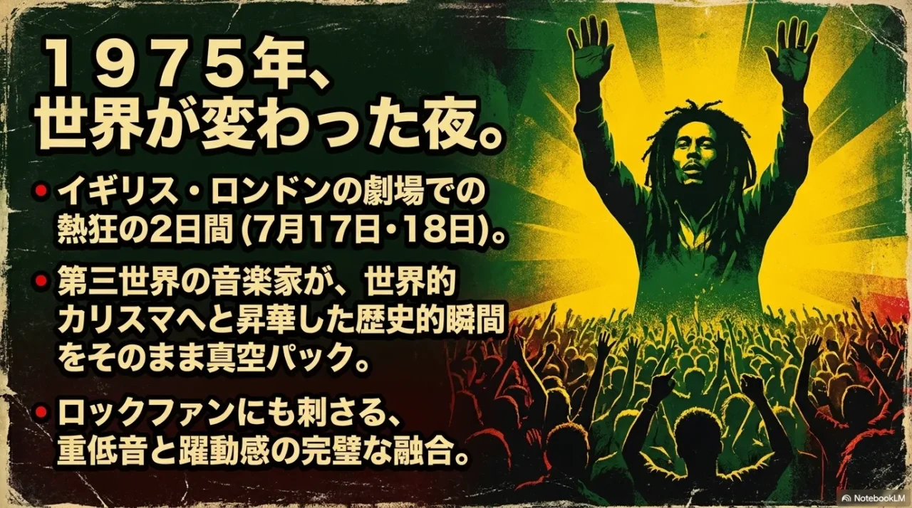 1975年ライシアム公演で熱狂する観客とボブマーリー