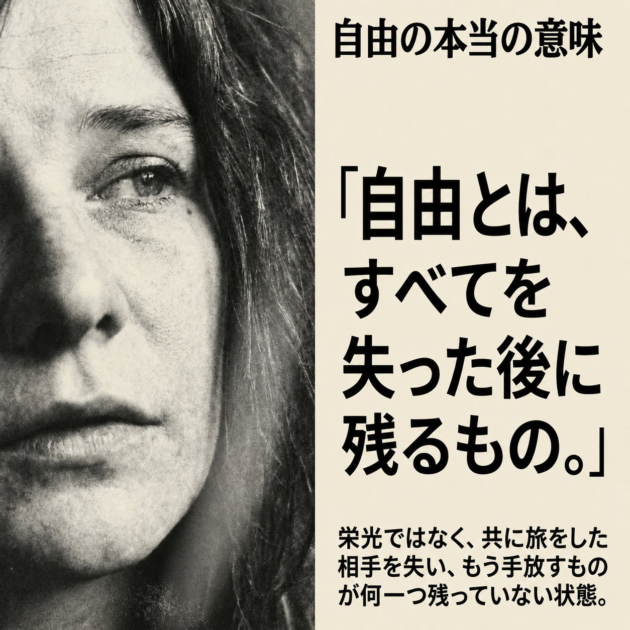 白黒で撮られたジャニス・ジョプリンの横顔の右側に、自由とはすべてを失った後に残るものだという大きな文字と補足説明を置いた解説画像