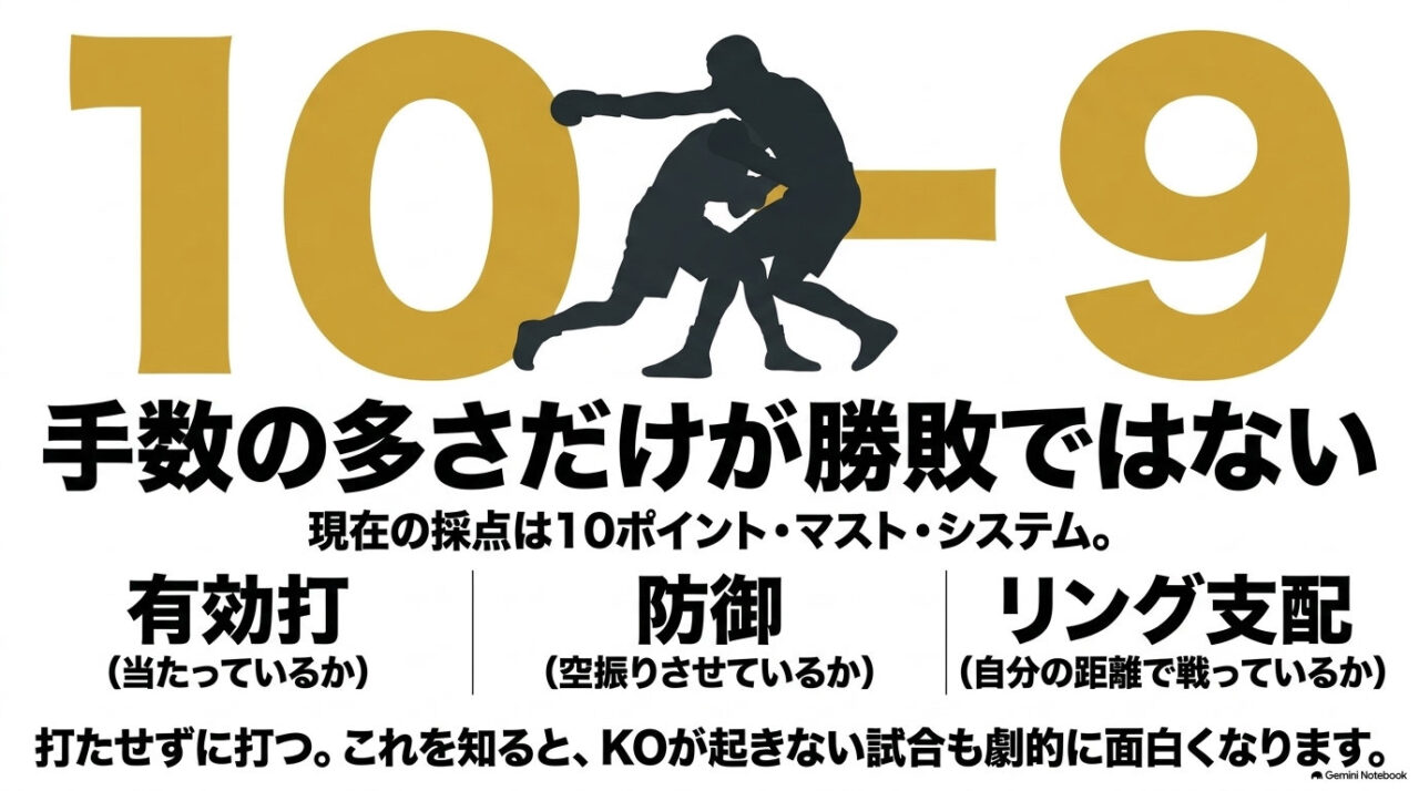 接近戦で打ち合う2人のボクサーのシルエットと「10-9」の数字、有効打・防御・リング支配という3つの採点基準を並べた解説図。