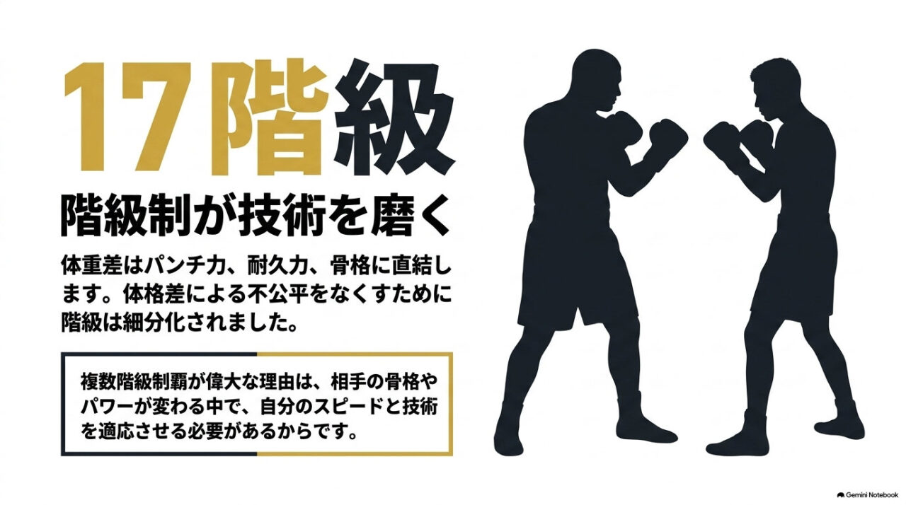 向かい合って構える2人のボクサーのシルエットと「17階級」の文字を配し、体重差による不公平をなくす階級制の意義を説明した解説図。