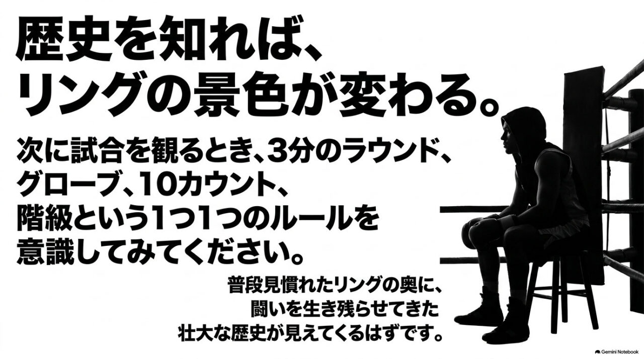 リング際の椅子に座るフードをかぶったボクサーのシルエットと、「歴史を知れば、リングの景色が変わる。」という大きな見出しを配した図。