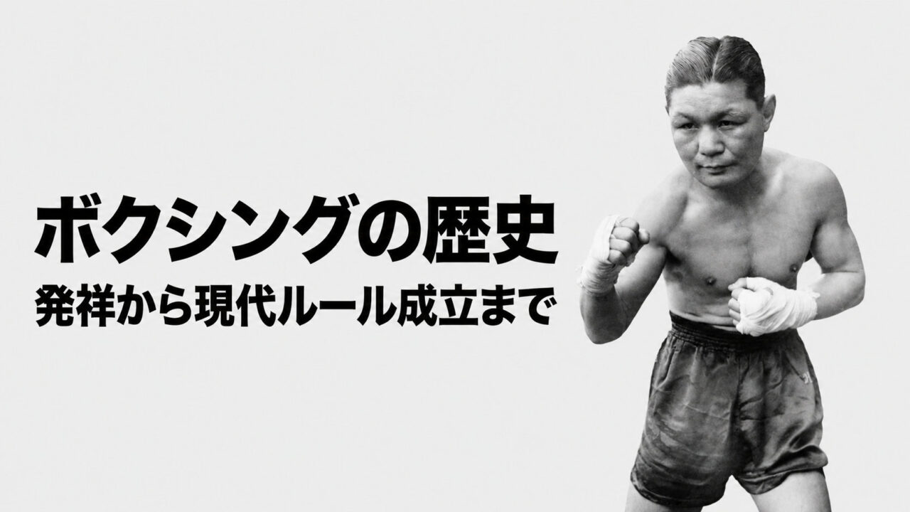 両拳を胸の前に構えるピストン堀口と、「ボクシングの歴史 発祥から現代ルール成立まで」という記事タイトルを配したアイキャッチ画像。