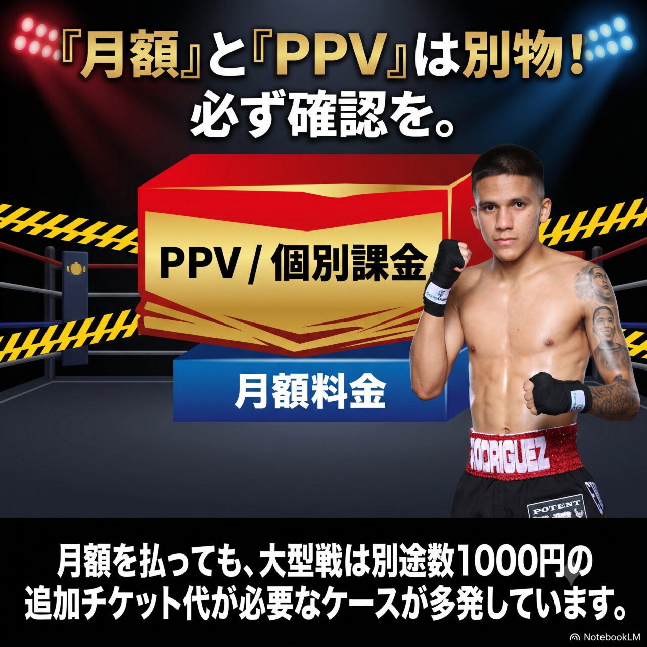 「月額とPPVは別物」と示した図。月額料金のブロックの上にPPV・個別課金のブロックが重なり、大型戦では別途数千円の追加チケット代が必要になるという注意文が入る。