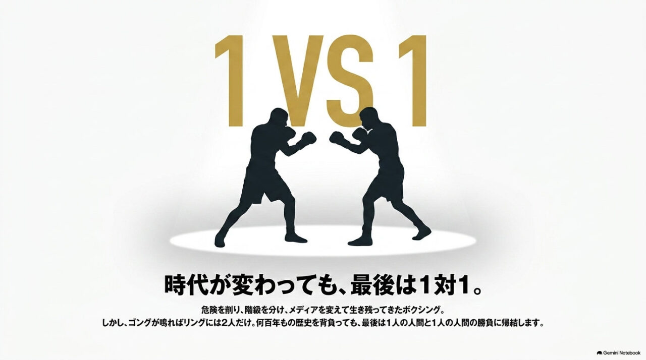 スポットライトの下で向かい合う2人のボクサーのシルエットと「1 VS 1」の文字を配した、ボクシングの本質を示すまとめ用の図。