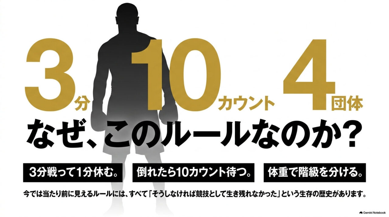 ボクサーのシルエットを背景に「3分」「10カウント」「4団体」の数字と、「なぜ、このルールなのか？」という問いかけを配した図解。