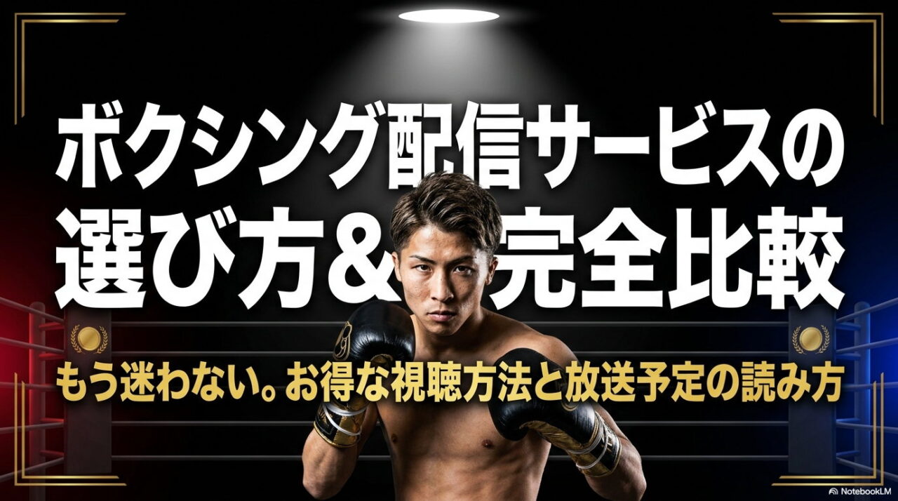 「ボクシング配信サービスの選び方＆完全比較」の見出しと、リング上でグローブを構える井上尚弥を組み合わせた記事タイトル画像。副題は「お得な視聴方法と放送予定の読み方」。