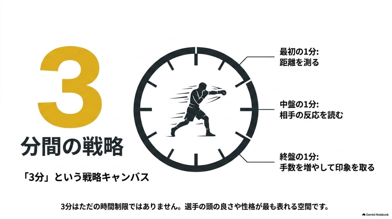 時計の文字盤の中央でパンチを放つボクサーの図に、序盤・中盤・終盤それぞれ1分の狙いを注釈で示した3分間の戦略解説図。
