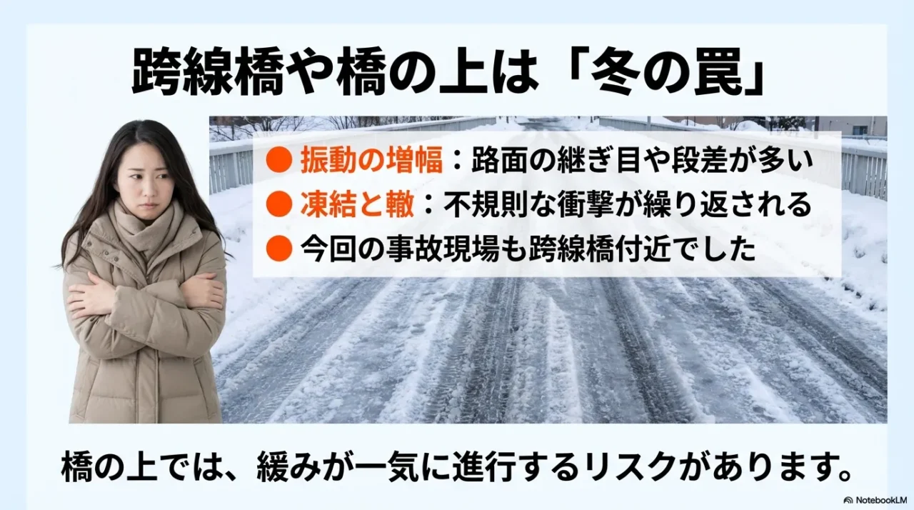 橋の上は冬の罠で振動や凍結が増えることを示す画像
