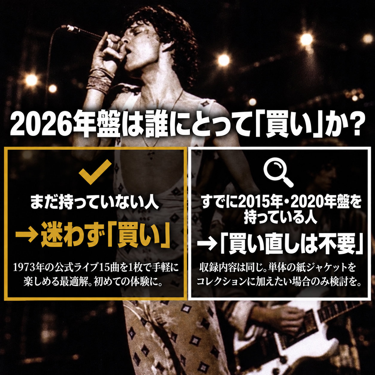 歌うロックボーカリストの写真を背景に、「2026年盤は誰にとって買いか?」と掲げ、未所有者には購入、2015年盤や2020年盤の所有者には買い直し不要という二つの選択肢を示した画像。
