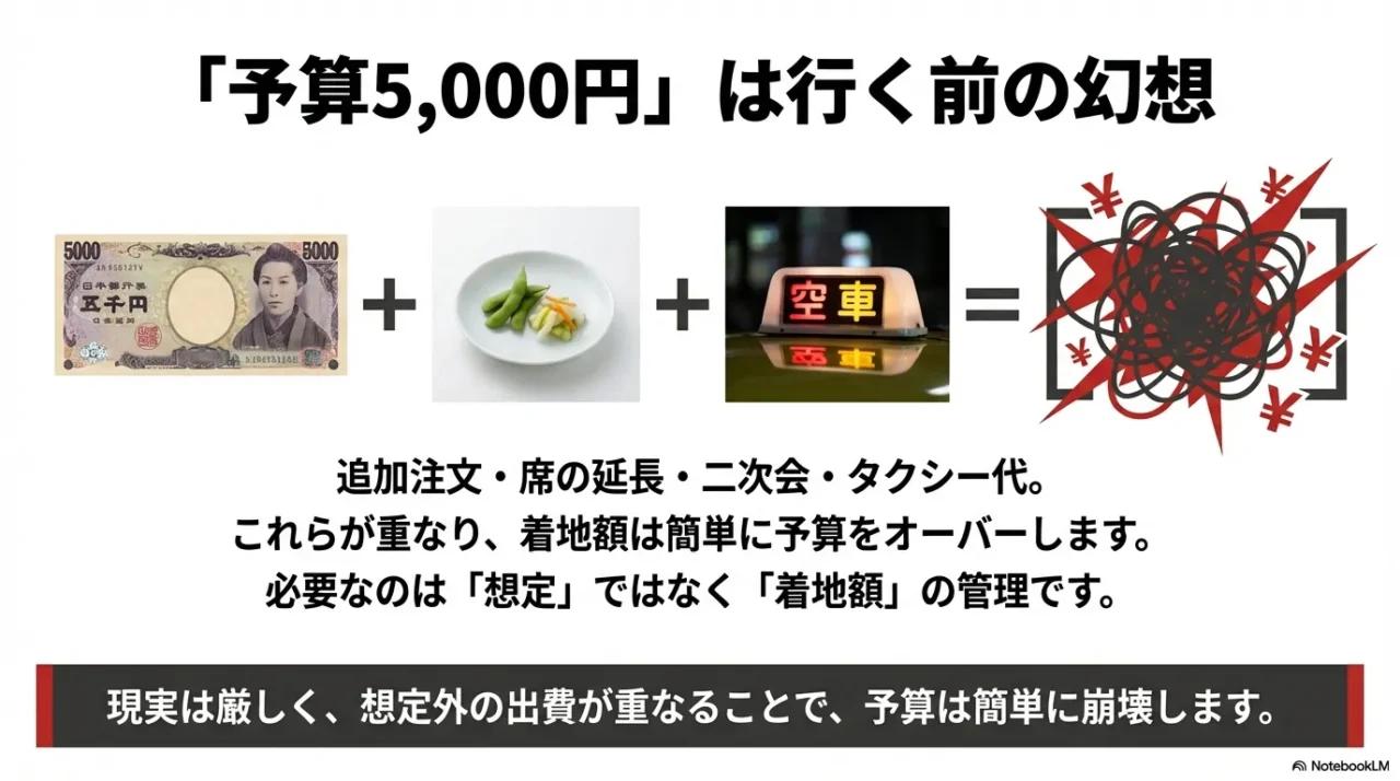 追加注文や二次会で飲み会費用が予算オーバーする図