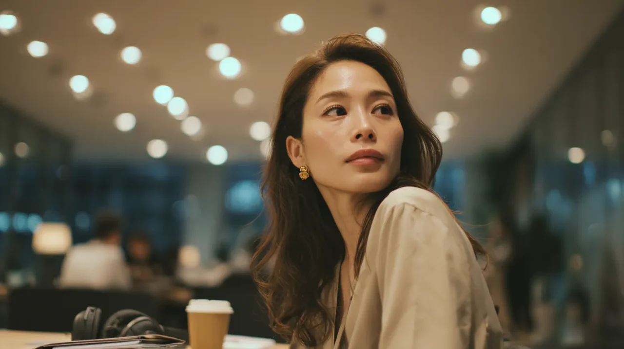 オフィスの休憩スペースで疲れを感じながら周囲に目を向ける女性とヘッドホン