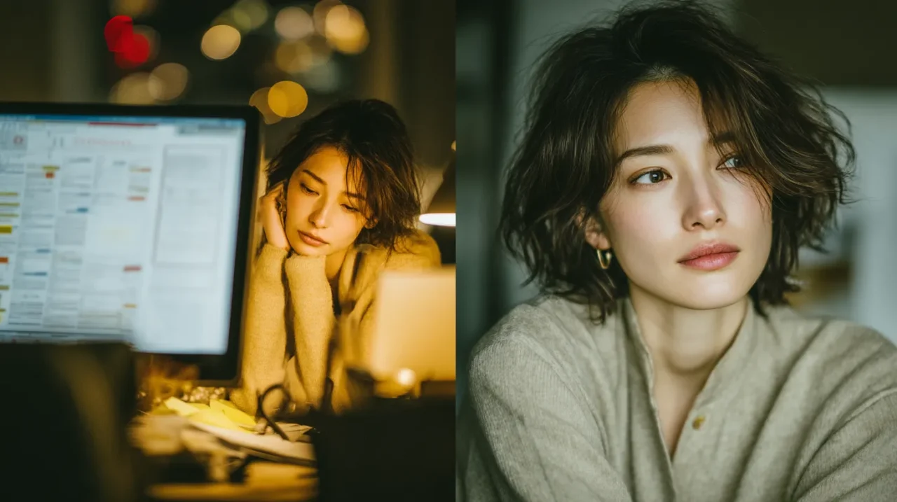 画面が左右に分割され、左は夜の職場でモニター前に疲れた表情でうつむく30代の美しい日本人女性、右は日中の室内で虚ろな視線の同じ女性が映る対比イメージ