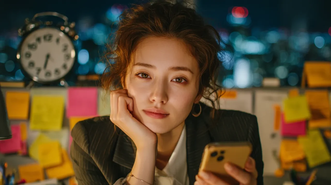 夜のオフィスでスマホを握り、付箋だらけのデスク前で頬杖をつく30代の美人日本人ビジネスウーマン。背景に時計と街の光のボケが見える