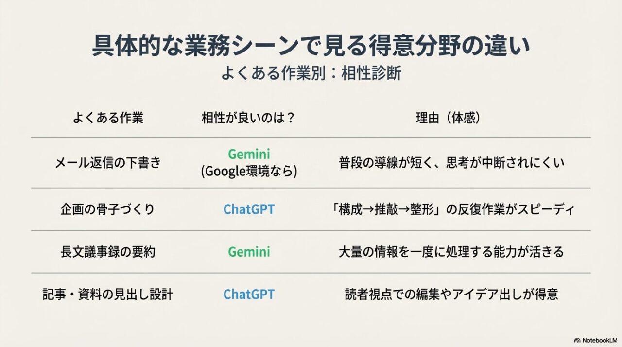 メール返信、企画骨子、議事録要約、見出し設計など、具体的な業務シーンごとにChatGPTとGeminiのどちらが適しているかを示した表。