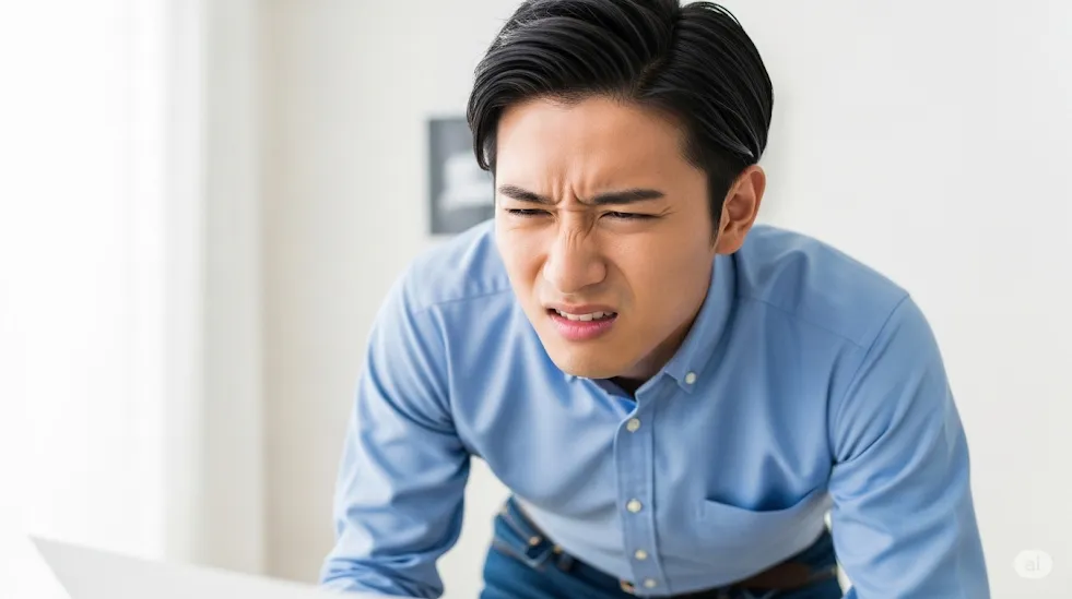 困った表情で何かを見る男性。