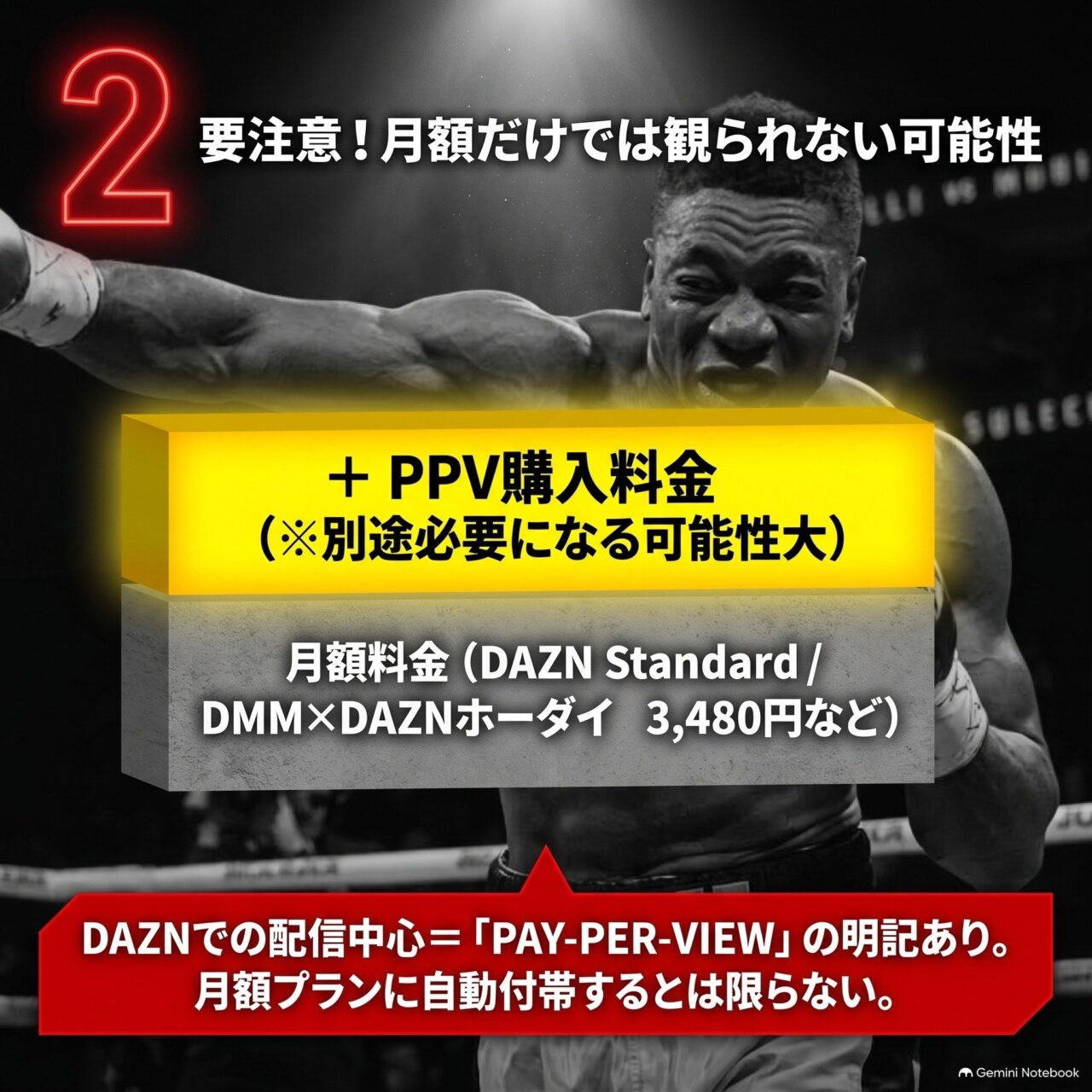 カネロ対エンビリは月額料金だけで視聴できない可能性があり、DAZNの月額とは別にPPV購入料金が必要と注意喚起する画像