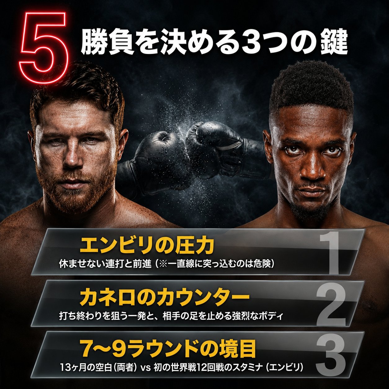 カネロ対エンビリの勝敗を左右する要素として、エンビリの圧力、カネロのカウンター、7〜9ラウンドの攻防を示した画像