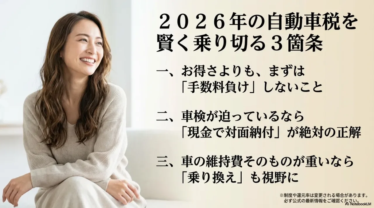 2026年の自動車税を賢く乗り切るための3つの考え方をまとめた画像