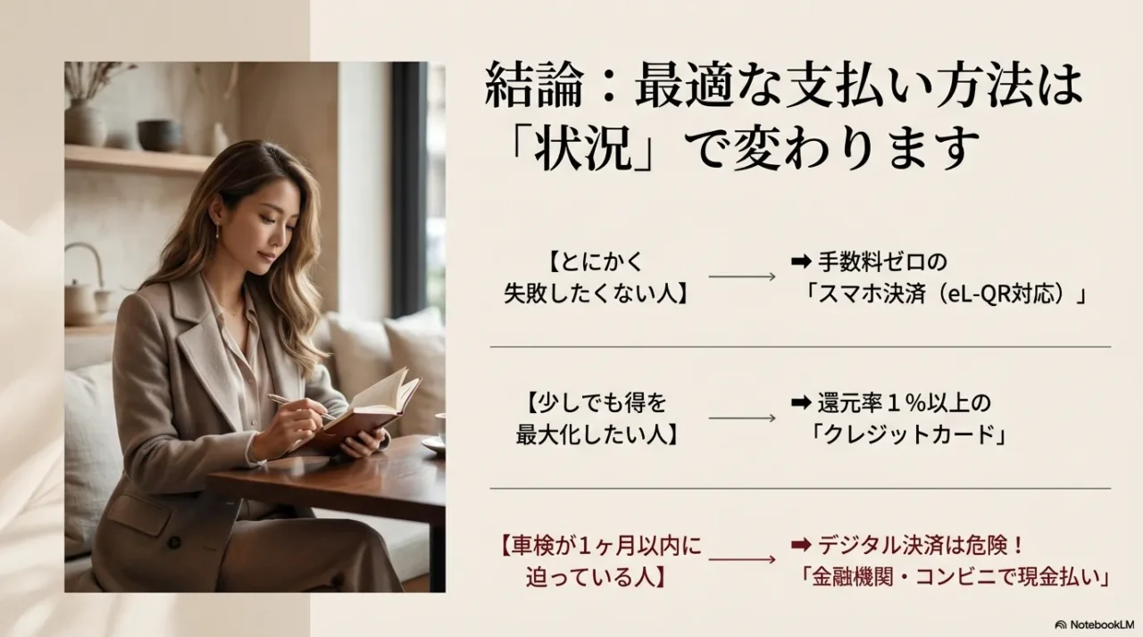 自動車税の支払い方法は状況によって最適解が変わることを示す要約画像