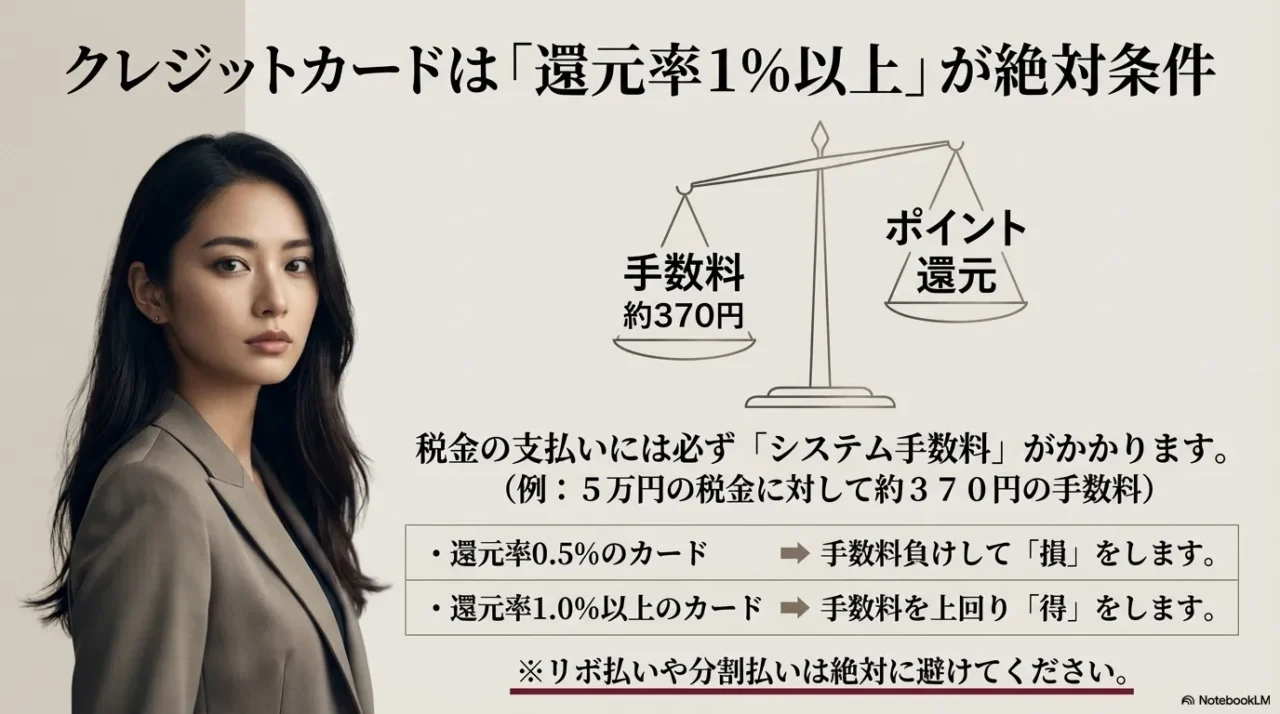 自動車税のクレジットカード払いは還元率1パーセント以上が目安であることを示す比較画像