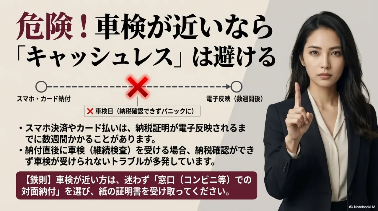 車検が近い場合はキャッシュレス納付を避けたほうが安全であることを示す注意画像