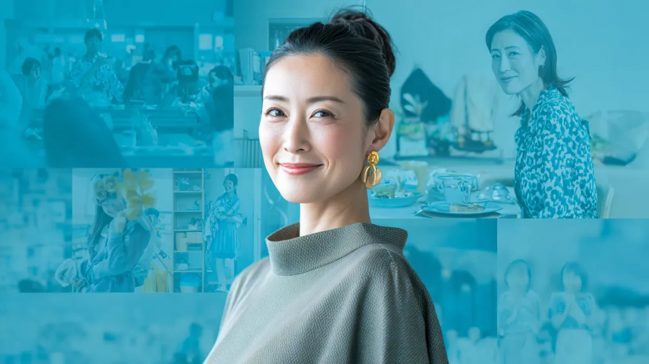 笑顔の日本人女性の背景に、多様な働き方や職種のイメージが重ねられ、50代からの新しいキャリアの可能性を象徴するデザイン画像