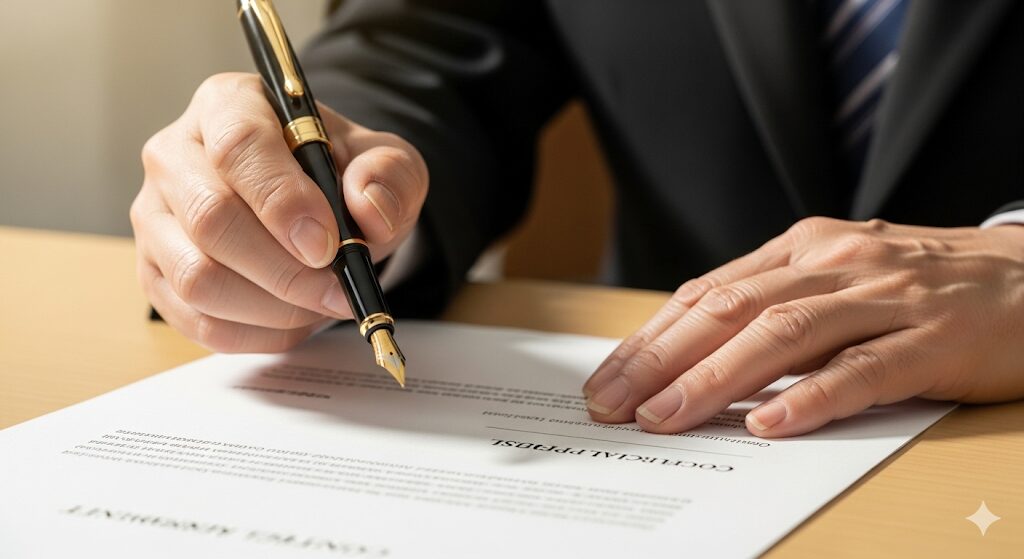 繰り上げ受給の注意点を確認しながら書類に記入する手元