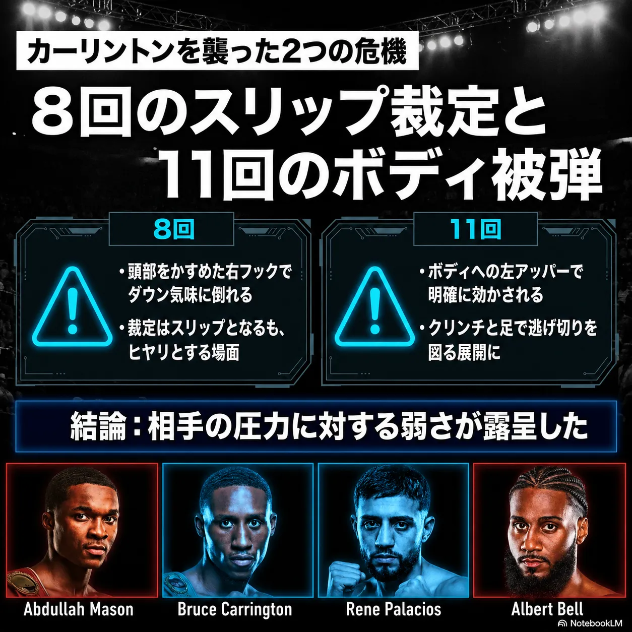 ボクシング分析インフォグラフィック。「カーリントンを襲った2つの危機」8回のスリップ裁定と11回のボディ被弾を解説。結論は相手の圧力に対する弱さが露呈。下部にAbdullah Mason、Bruce Carrington、Rene Palacios、Albert Bellの選手写真。