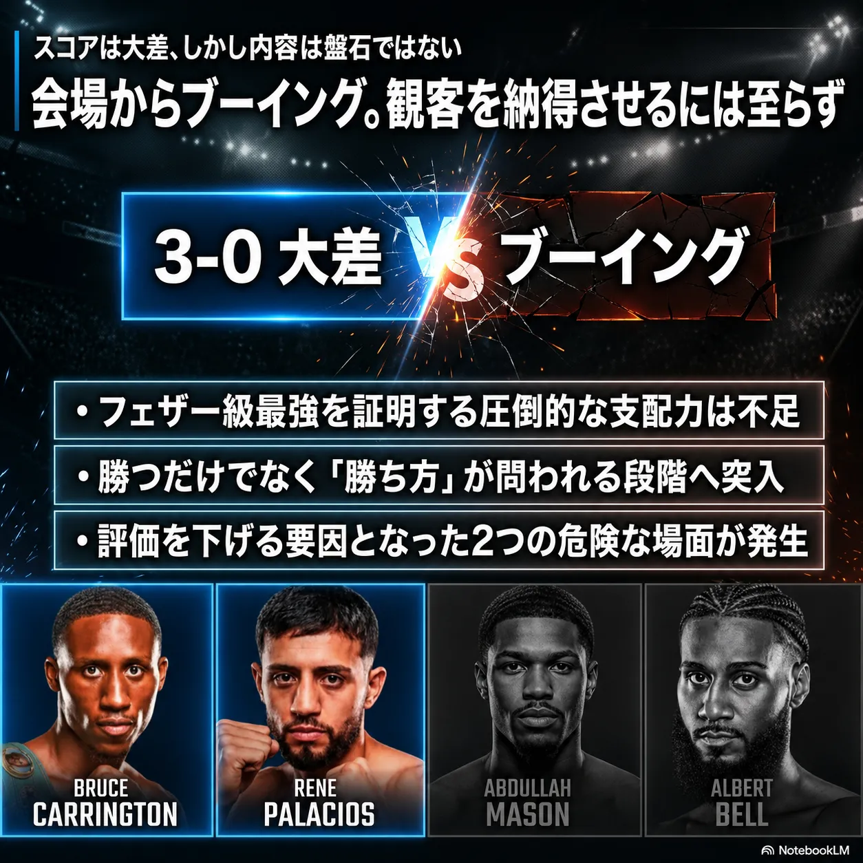 ボクシングの試合結果を伝えるインフォグラフィック。「3-0大差vsブーイング」の見出しで、会場からブーイングが起き観客を納得させるには至らなかったと解説。フェザー級最強証明には支配力不足と指摘。カリントン、パラシオスら4選手の顔写真を掲載。