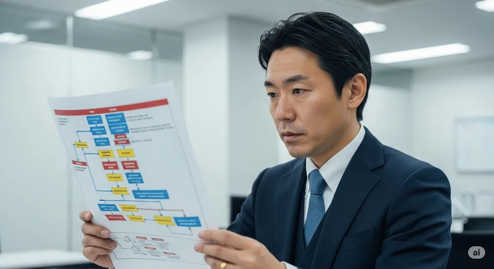 フローチャートを確認する男性。