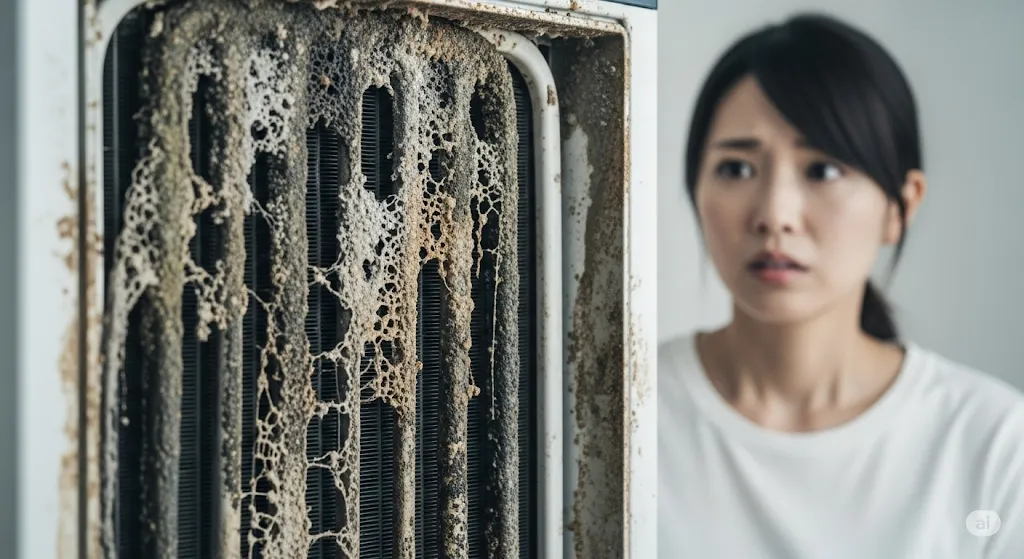 カビが生えたスポットクーラーの冷却エレメントを心配そうに見る若い女性の写真。
