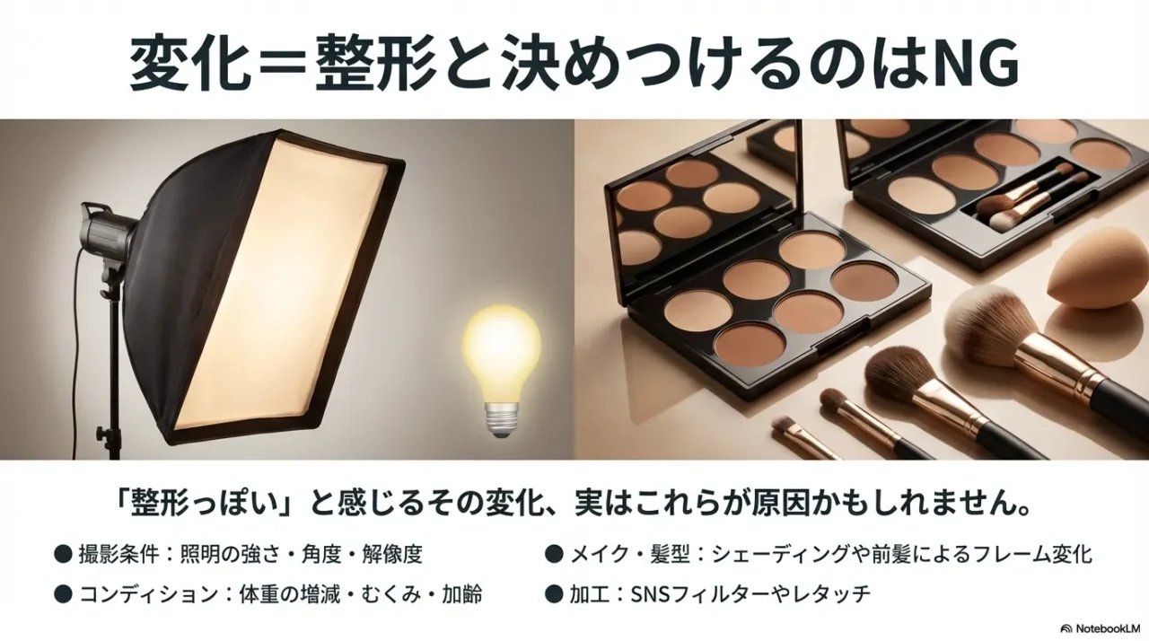 ソフトボックス照明とメイク道具の写真に「変化＝整形と決めつけるのはNG」と要因が書かれたスライド