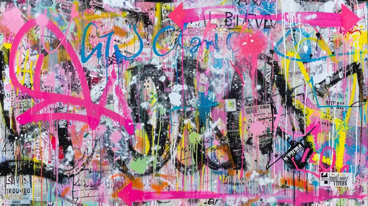 ピンクやブルーのスプレーが飛び散るカオスなパンク風グラフィティアートの壁面の写真