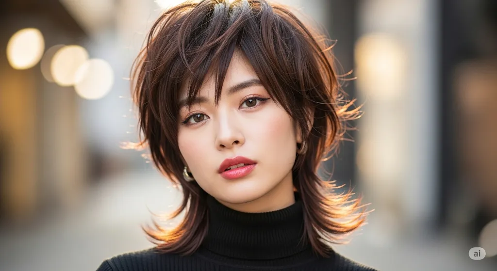 動きのあるウルフカットにした女性のポートレート。