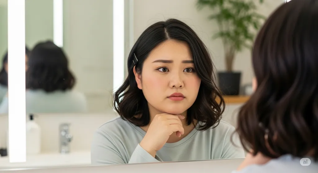 鏡の前で髪型に悩む女性。