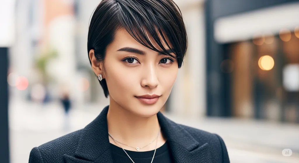 都会的な背景に立つ、ベリーショートヘアの女性。
