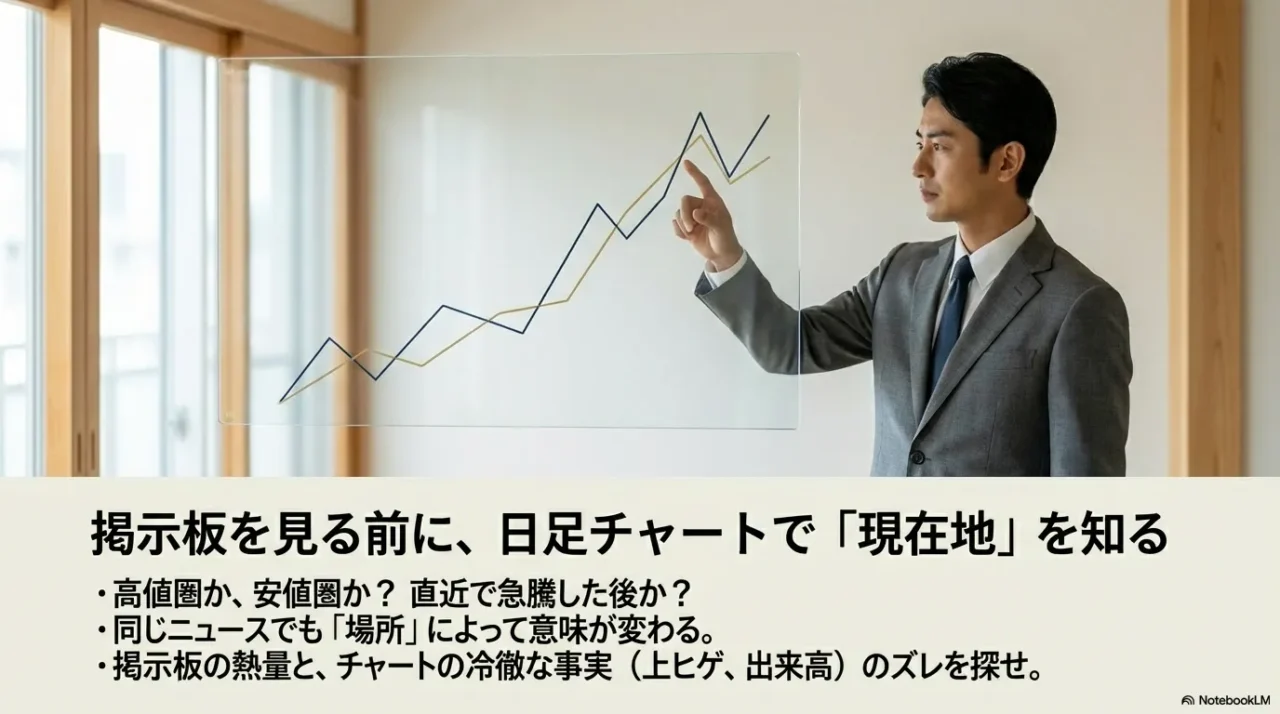 掲示板の熱量に飲まれないために、日足で高値圏/安値圏などの現在地を確認する重要性を示すスライド