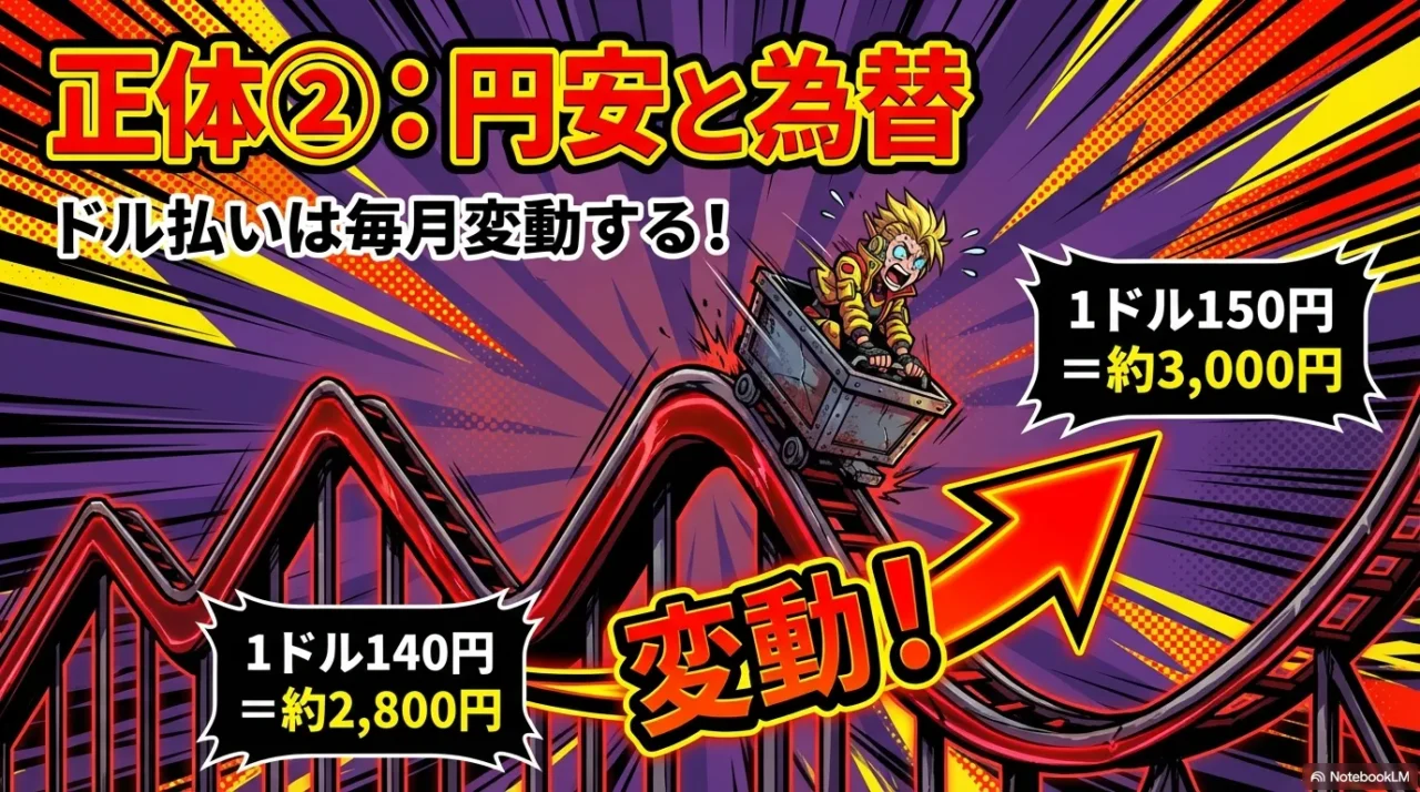 円安でドル払いの円換算額が上がるイメージ画像