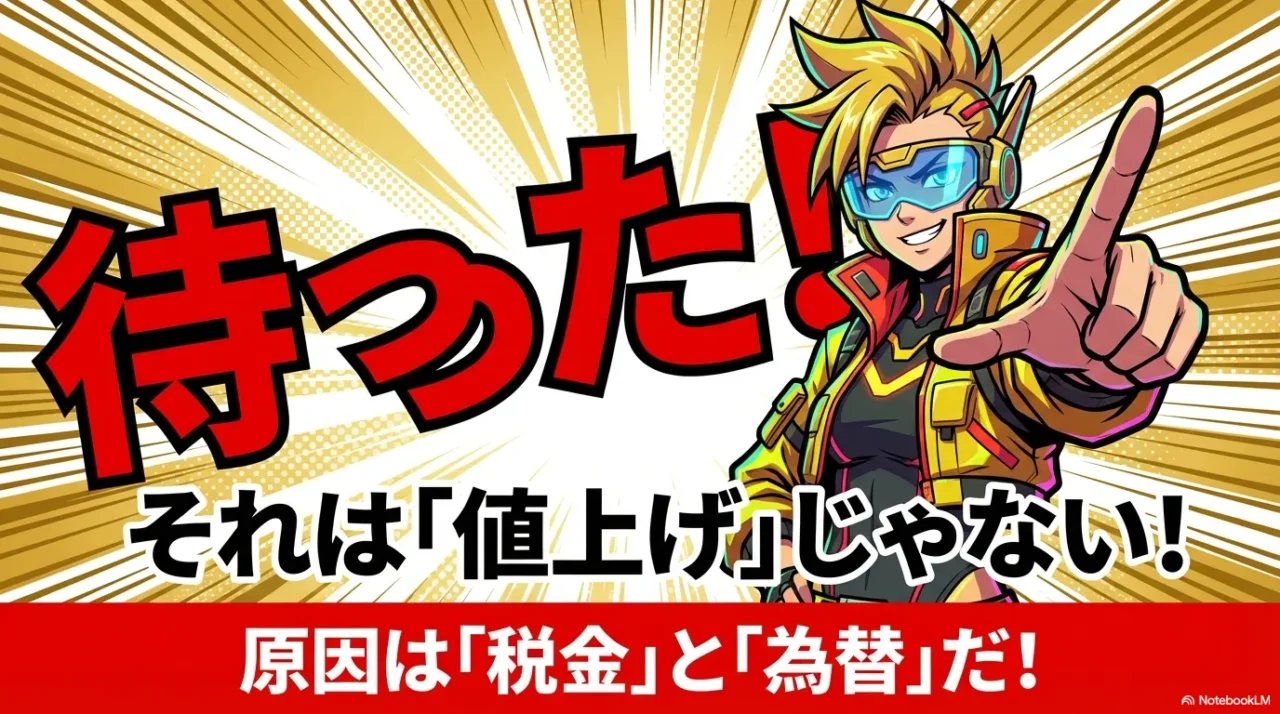 値上げではなく税金と為替が原因だと示すメッセージ画像