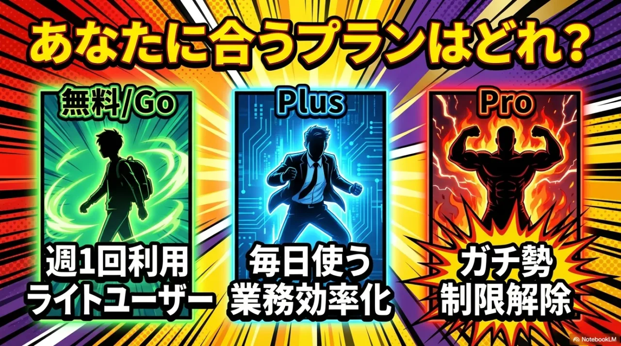 無料やGo、Plus、Proの向き不向きを示すプラン比較画像