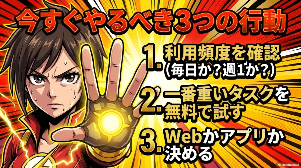 利用頻度確認、重いタスクを無料で試す、Webかアプリか決めるの3行動